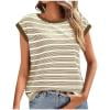 DeHolifer T-Shirts for Women Plus Size Crewneck Striped Knit Sleeveless T-Shirts Tank Tops Khaki L