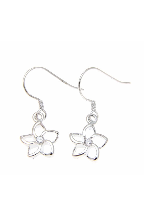 925 sterling silver Hawaiian floating outline cz plumeria flower hook wire earrings 12mm