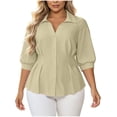 thumbnail image 3 of Oversized Lapel Collar Shirts For Womens Liweisiy 3/4 Puff Sleeve Tunic Wrinkle Waist Blouse Button Down Trendy Plus Size Tops Beige 5XL, 3 of 8