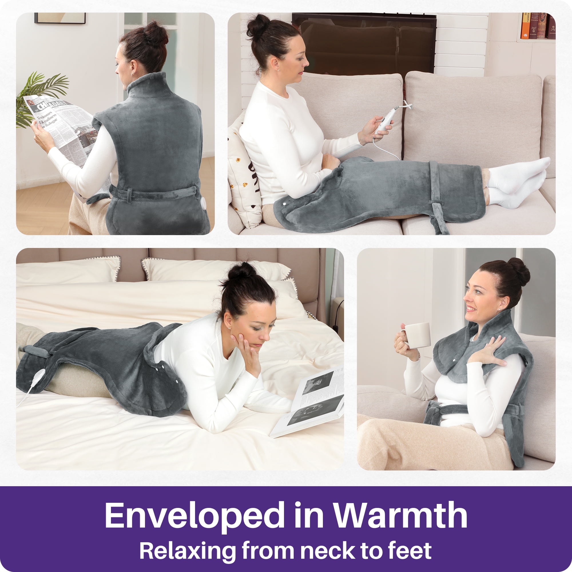 KEKOY Heating Pad for Back, Neck & Shoulders Pain Relief, Wearable Electric Heat Pad with Detachable Belt, 4 Heat Settings, 2-Hour Auto Shut-Off, Fast Heating, 24"x33", Gray