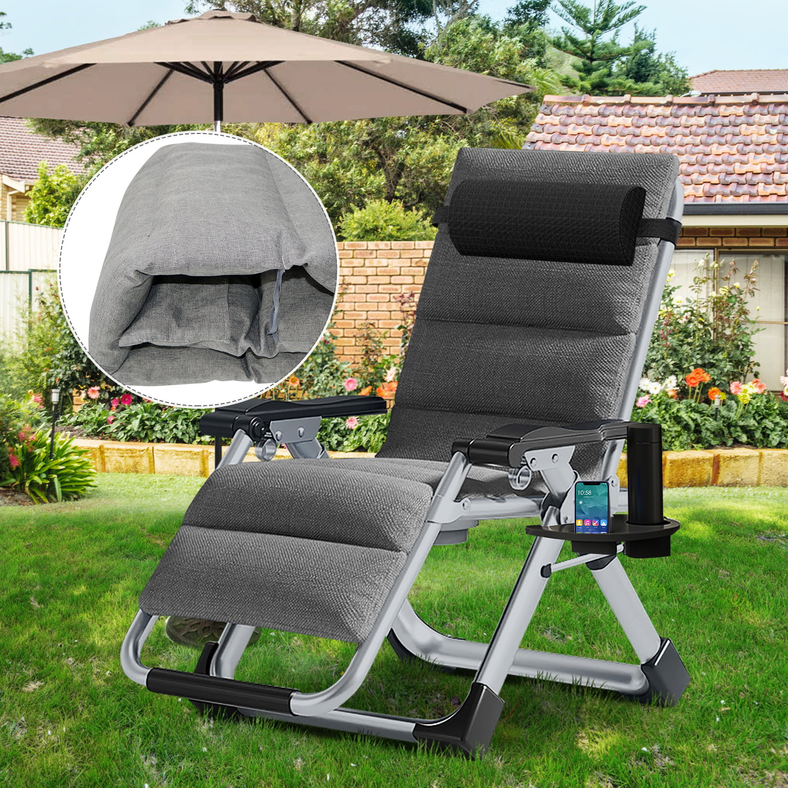 Oversized Padded Zero Gravity Chair Folding Outdoor Patio Recliner w/ Headrest 