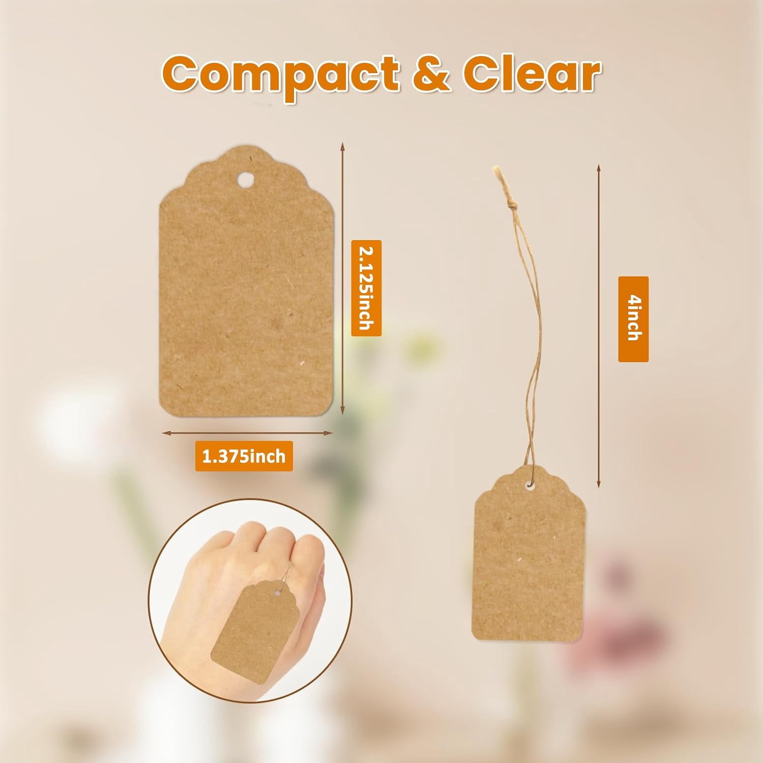 Brown Price Tags with String 1000 PCS, 1.375 x 2.125 Inches, Kraft Paper Hang for Gift Bags, Hanging, Clothing, Jewelry, Garage/Yard Sale, Inventory, 250 GSM