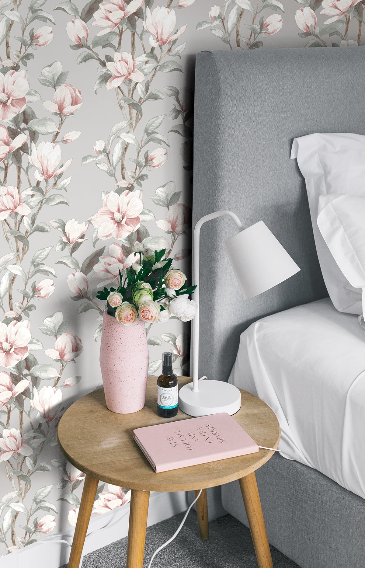 NextWall Metallic Silver & Petal Pink Magnolia Trail Peel and Stick Wallpaper