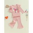 thumbnail image 6 of Aojekbee Little Girls Birthday Outfit Sets Flying Sleeve Letter Embroidery Tops Solid Color Flared Pants Sets, 6 of 10
