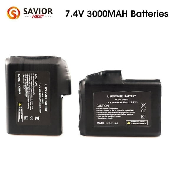 Savior Heat 7.4V 2200mAh/3000mAh Rechargeable Li-Polymer Battery 2pcs In 1 Pair for Heated Gloves, Mittens & Socks - Long-Lasting Warmth