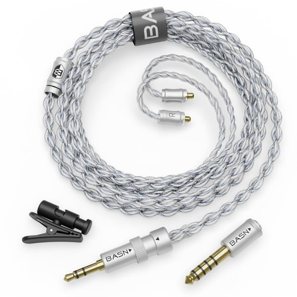 BASN Câble DC100 MMCX IEM, 392 Cœurs Plaqué Argent OFC pour Moniteur Intra-Auriculaire, Cordon Litz, Fil Amélioré pour Casque de 4,9 Pieds avec Prises Doubles Équilibrées de 3,5 Mm/4,4 mm