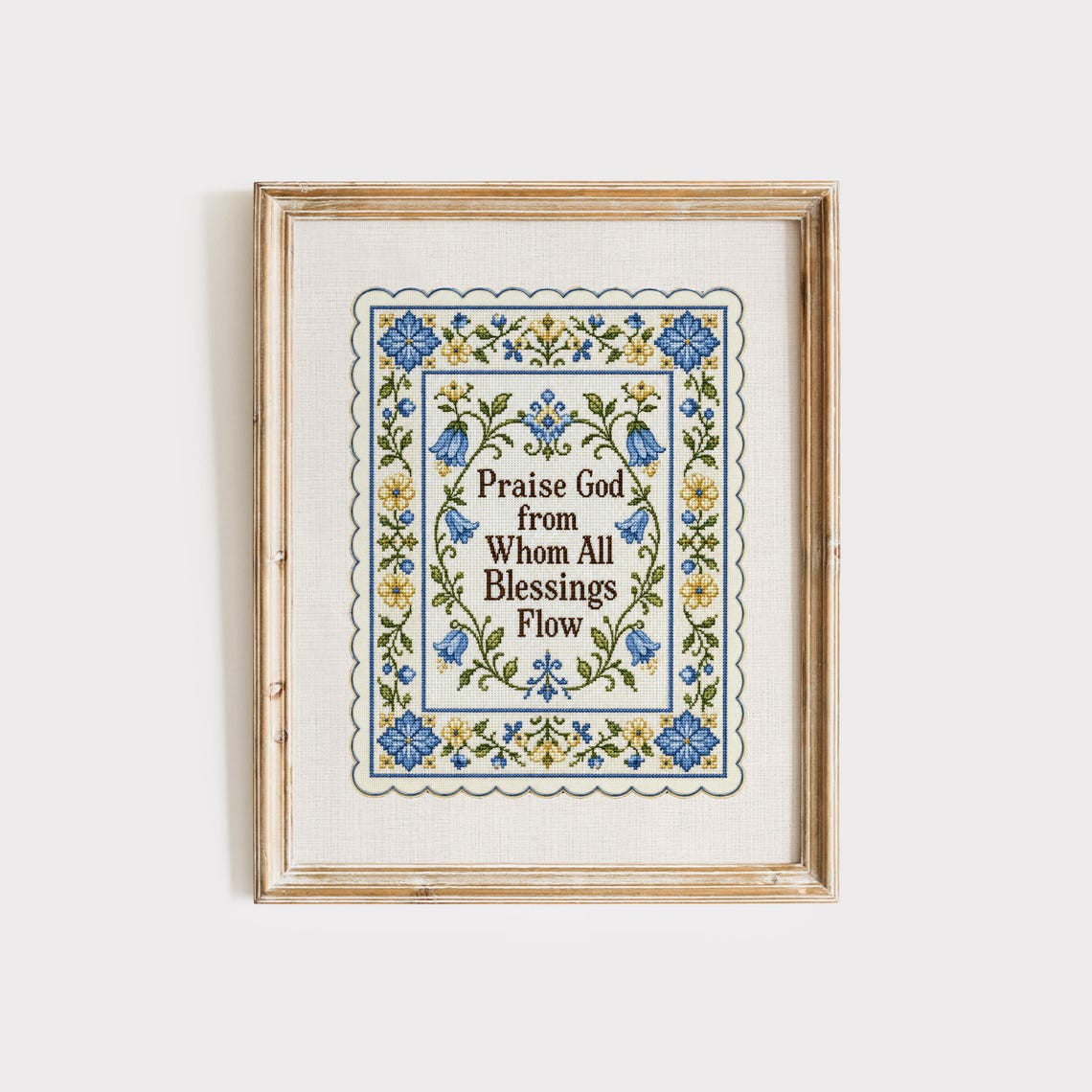 Doxology Hymn For Grandmillennial For Christian Blue Floral Needlepoint Wall Art Living Room And Gallery Wall Decor