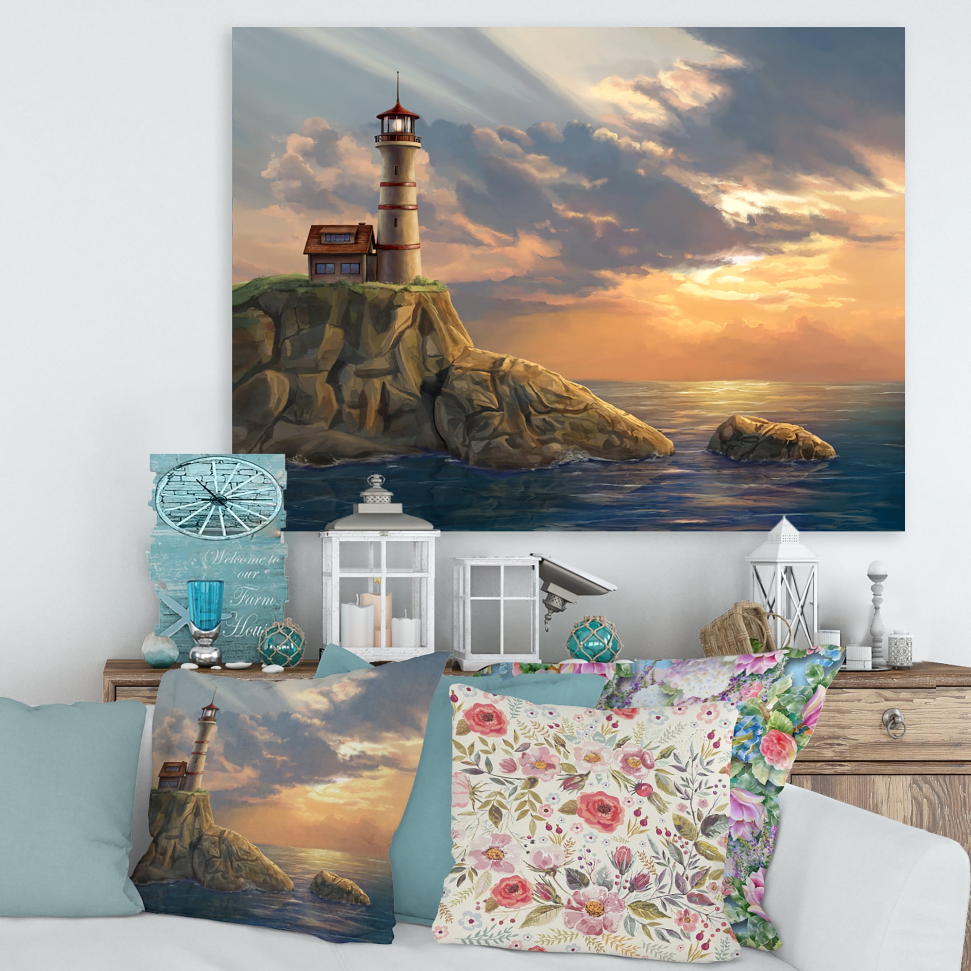 Designart ' Lighthouse On A Rocky Coastal Cliff At Evening Light ' Nautical & Coastal Canvas Wall Art Print