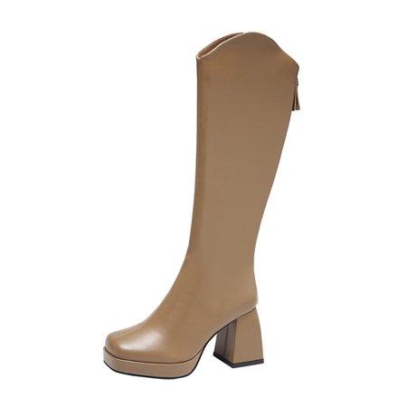 

GNEIKDEING Ladies Solid Color Square Toe Back Zip Chunky High Heel Boots Gift on Clearance