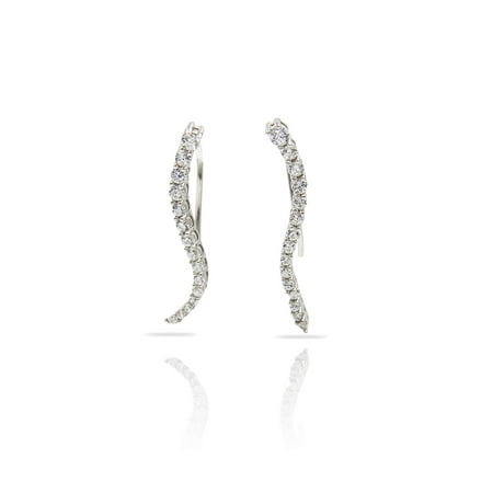 - Sterling Silver CZ Crystal Stone Curved Bar Ear Pin Crawler Cuff Earrings
