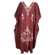Mogul Bohemian Maroon Womens Kashmiri Maxi Caftan Floral Hand Embroidered Resort Wear Cover Up Evening Dress
