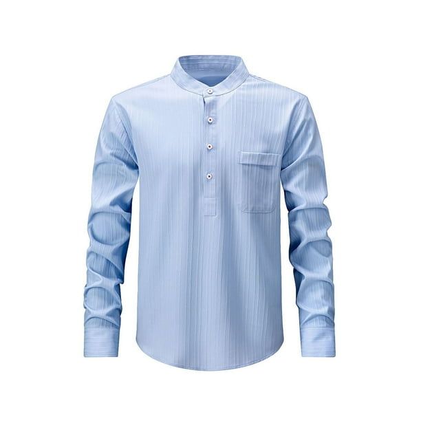 Blusa y camisa de manga larga con cuello alto para hombre, informal, de color liso, con cuello alto, manga larga, bolsillo con medio botón, blusa de poliéster para hombre