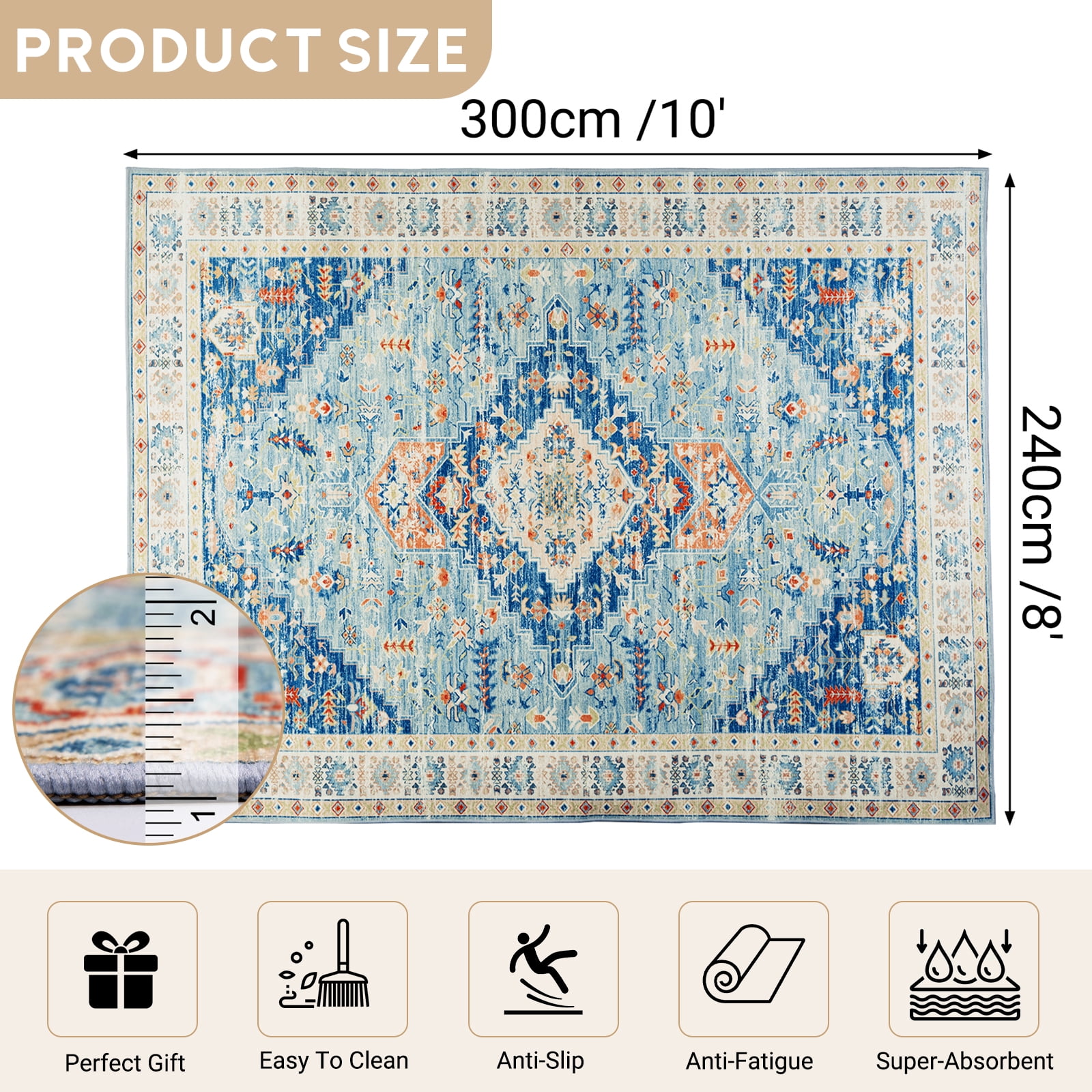 Traditional Area Rug, 8'x10' Foldable Medallion Carpet, Indoor Non-Slip Rug for Kitchen Living Room Bedroom Dining Room