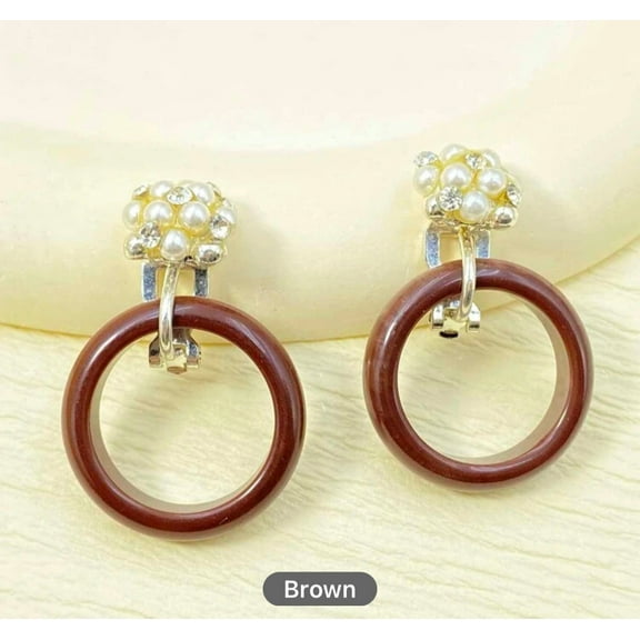 Clip on 1 1/2" gold, pearl and clear stone earrings with brown hoop