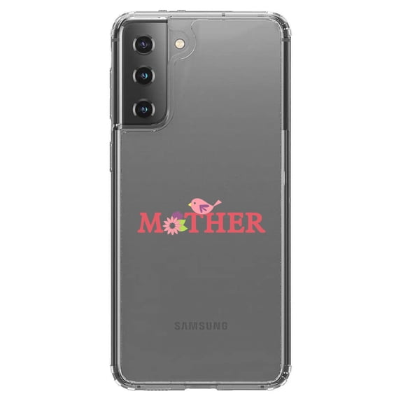 DistinctInk Clear Shockproof Hybrid Case for Galaxy S21 5G (6.2" Screen) - TPU Bumper Acrylic Back Tempered Glass Screen Protector - Mother - Pink Bird & Flowers