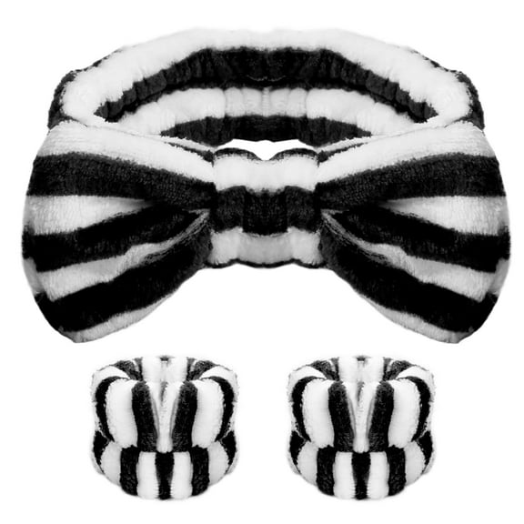 Makeup Headband, Spa Headband and Wristband Set, Headband for Washing Face, Self Skin Care Headband for Women Girls,Black and White Headband