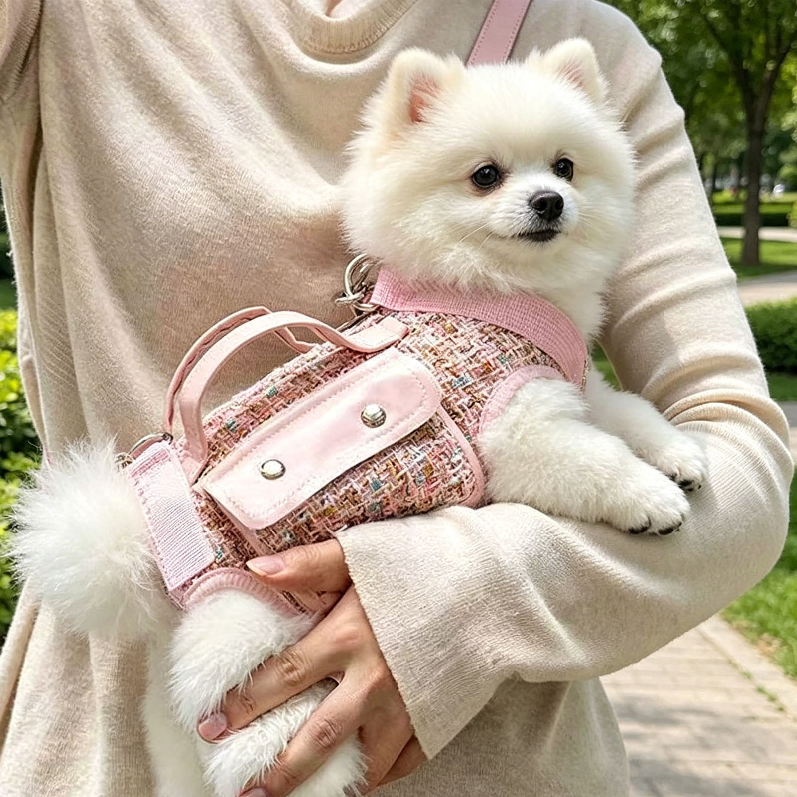 Dog Lift Harness Backpack for Small Dogs Cats, Adjustable Straps Dog Sling Carrier Full Body with Small Side Bag for Hiking, Travel, Outdoor,Pink