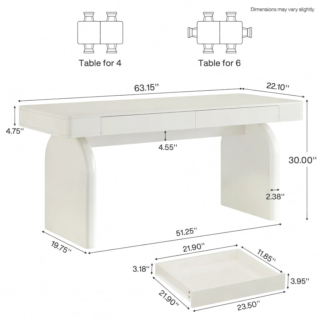 Hommoo 63 Inch Rectangular Dining Table with 2 Hidden Drawers, Modern Kitchen Table for 4 to 6 People, MDF Construction, Easy Assembly, White