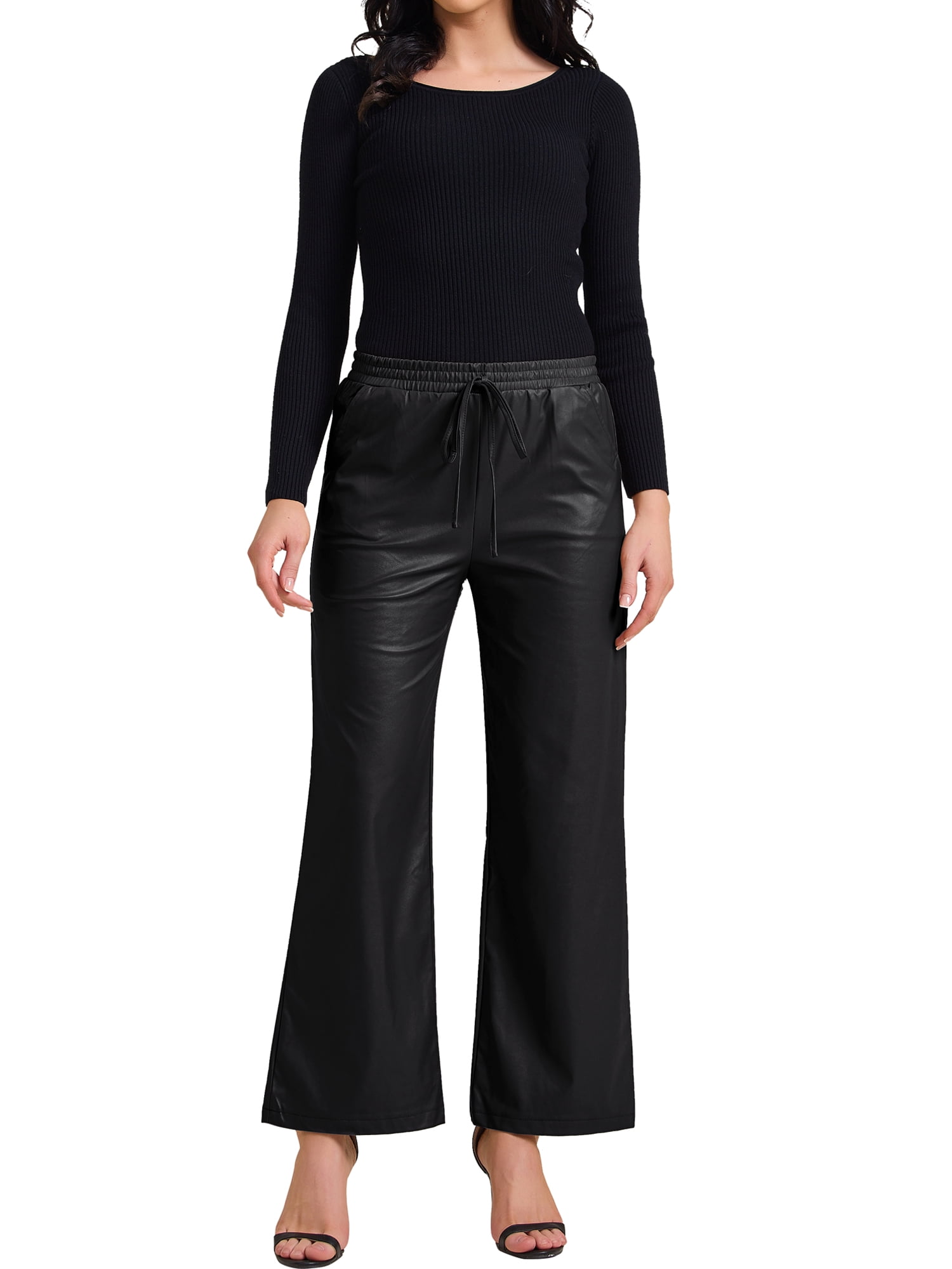 INSPIRE CHIC Women's Faux Leather Pants High Waist Straight Leg Pant Trousers with Pockets Party Outfit XS Black