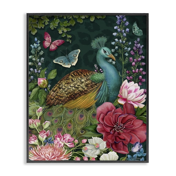 Stupell Industries Wild Garden Peacock Black Framed Giclee Art design by Nicole Tamarin, 14 x 11