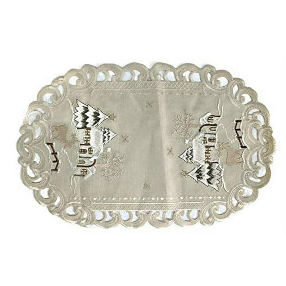 Doily Boutique Christmas Placemat or Doily with Reindeer and Cabin on Tan Burlap Linen Fabric Size 11 x 17 inches