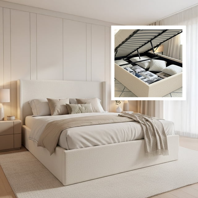Aqua Queen Storage Bed with Cream Linen Upholstery, Lift-Up Hidden Storage, Wooden Headboard, Metal Frame & Slatted Base, No Box Spring