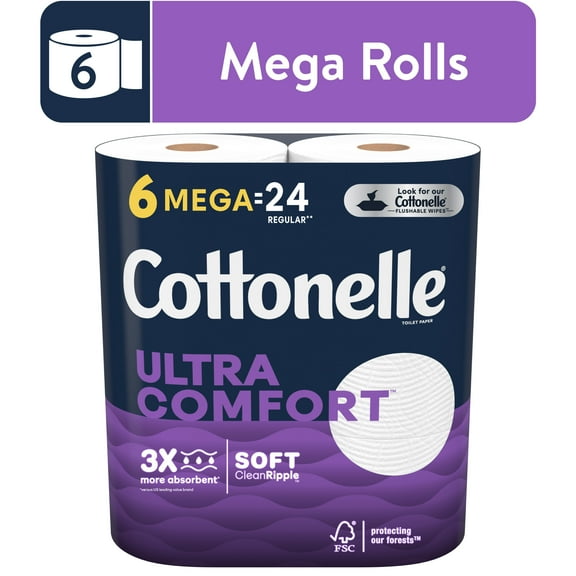 Cottonelle Ultra Comfort Toilet Paper, Strong Toilet Tissue, 6 Mega Rolls (6 Mega Rolls = 24 Regular Rolls), 268 Sheets per Roll