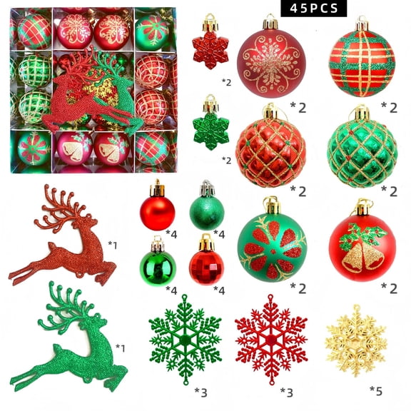Sddec 45PCS Christmas Balls Ornaments, Shatterproof Plastic, Hanging Strings, Reindeer, Snowflakes, for Xmas Tree Wedding Holiday Party Home Decor