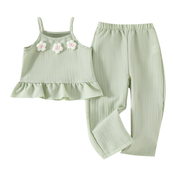 Odeerbi 18M-5Y Trajes de Verano Para Niñas Camisola Con Volantes de Algodón Pantalones de Pata Ancha Conjunto de Dos Piezas Tirantes Flor Top Pantalones Elásticos