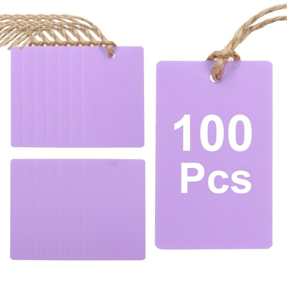 100Pcs Purple Plastic Shipping Tags, 2" x 1" Waterproof Labeling Tags with Thread & Wire for Garage, Inventory Tag
