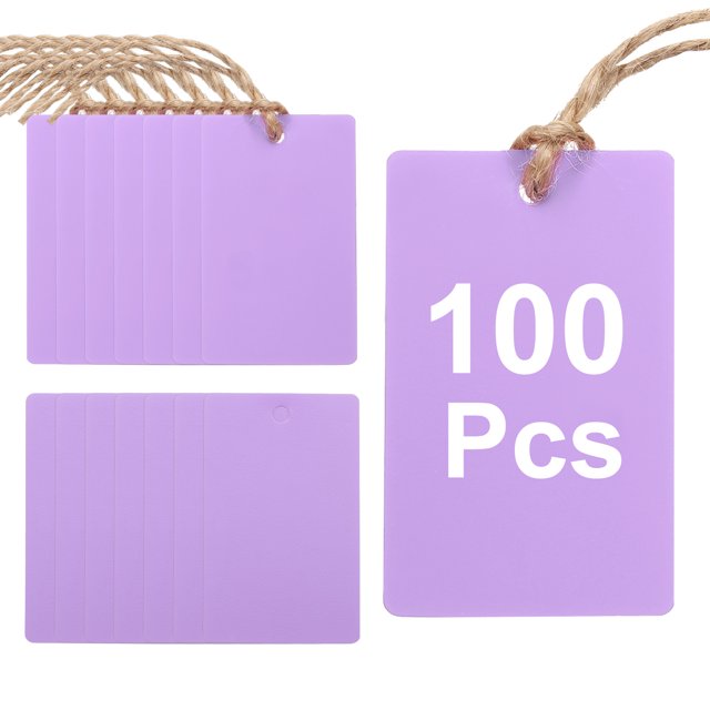 100 Piezas Etiquetas de Envío de Plástico Morado, 2" x 1" Etiquetas Impermeables con Hilo y Alambre para Garaje, Etiqueta de Inventario