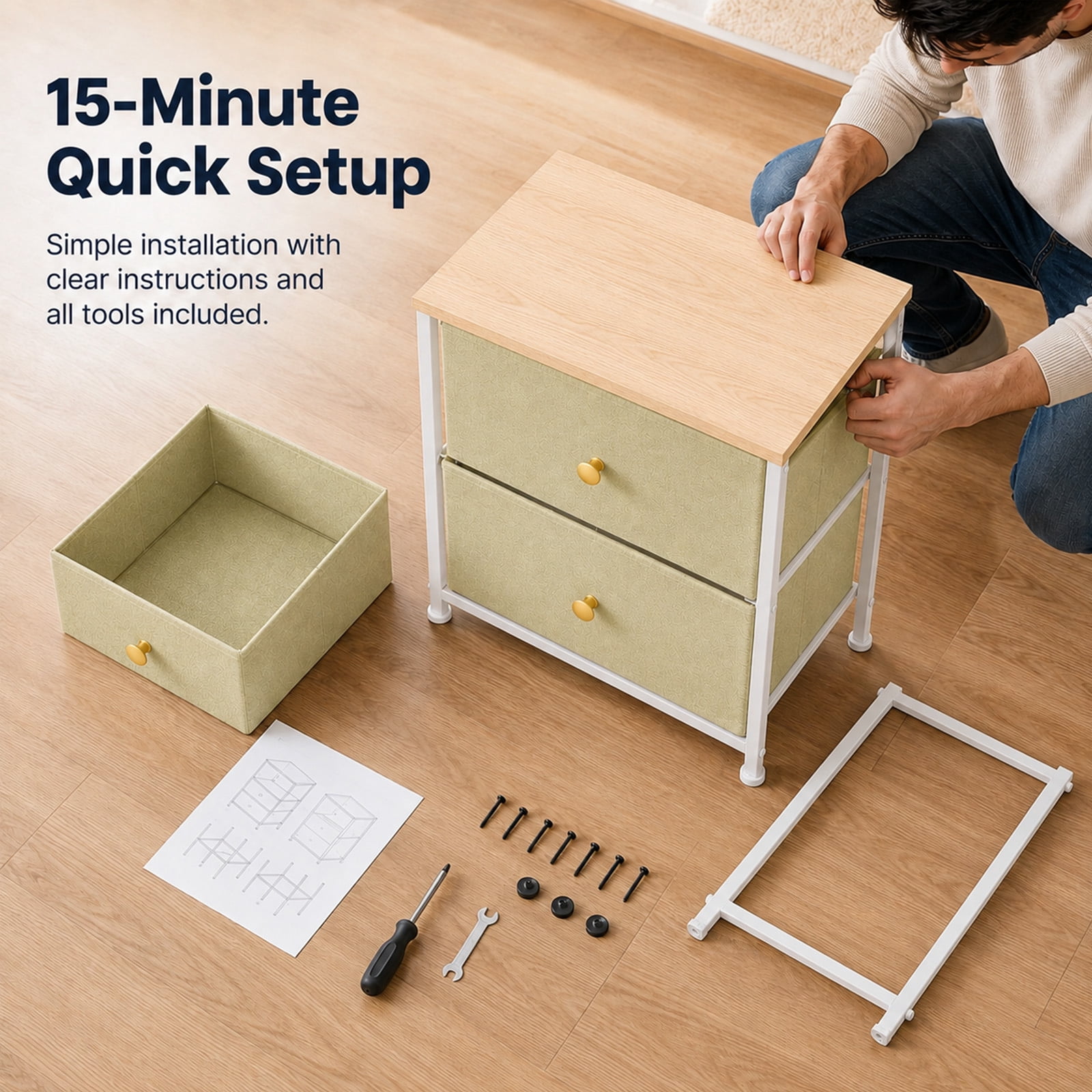 Alvantor Nightstand with 2 Storage Drawers, Small Bedside Table, Small Dresser with Sturdy Wooden Top for Daily Essentials, Compact Nightstand for Bedroom and Small Spaces