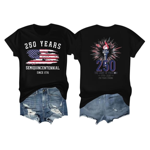 250 Years Semi-Quincentennial Anniversary Graphic Short Sleeve Crewneck T Shirt with Printed American Flag and Torch Design Black L