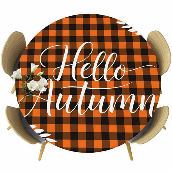 Fall Buffalo Plaid Round Tablecloth 36-44 Inch Round Fitted Table Cloth with Elastic Edge, Thanksgiving Orange Check Farmhouse Waterproof Table Cover Protector for Outdoor Picnic Party Dining