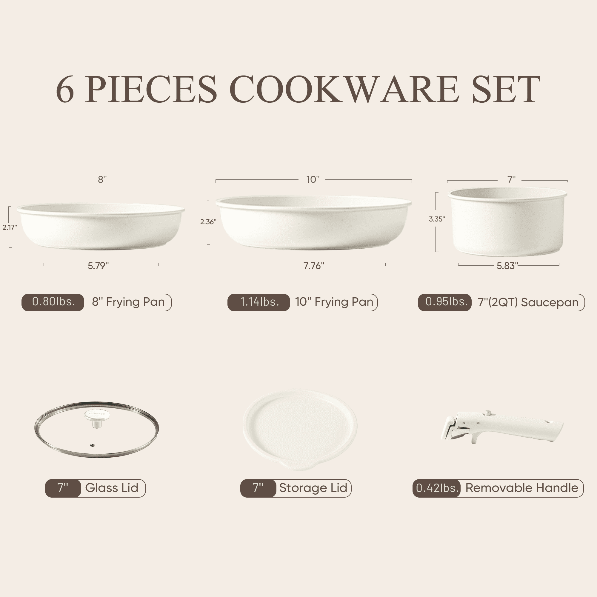 Carote Nonstick Detachable Pots and Pans Set, 6 Pieces Induction Cookware Set, Oven/Dishwasher Safe, Easy for Storage, White Granite