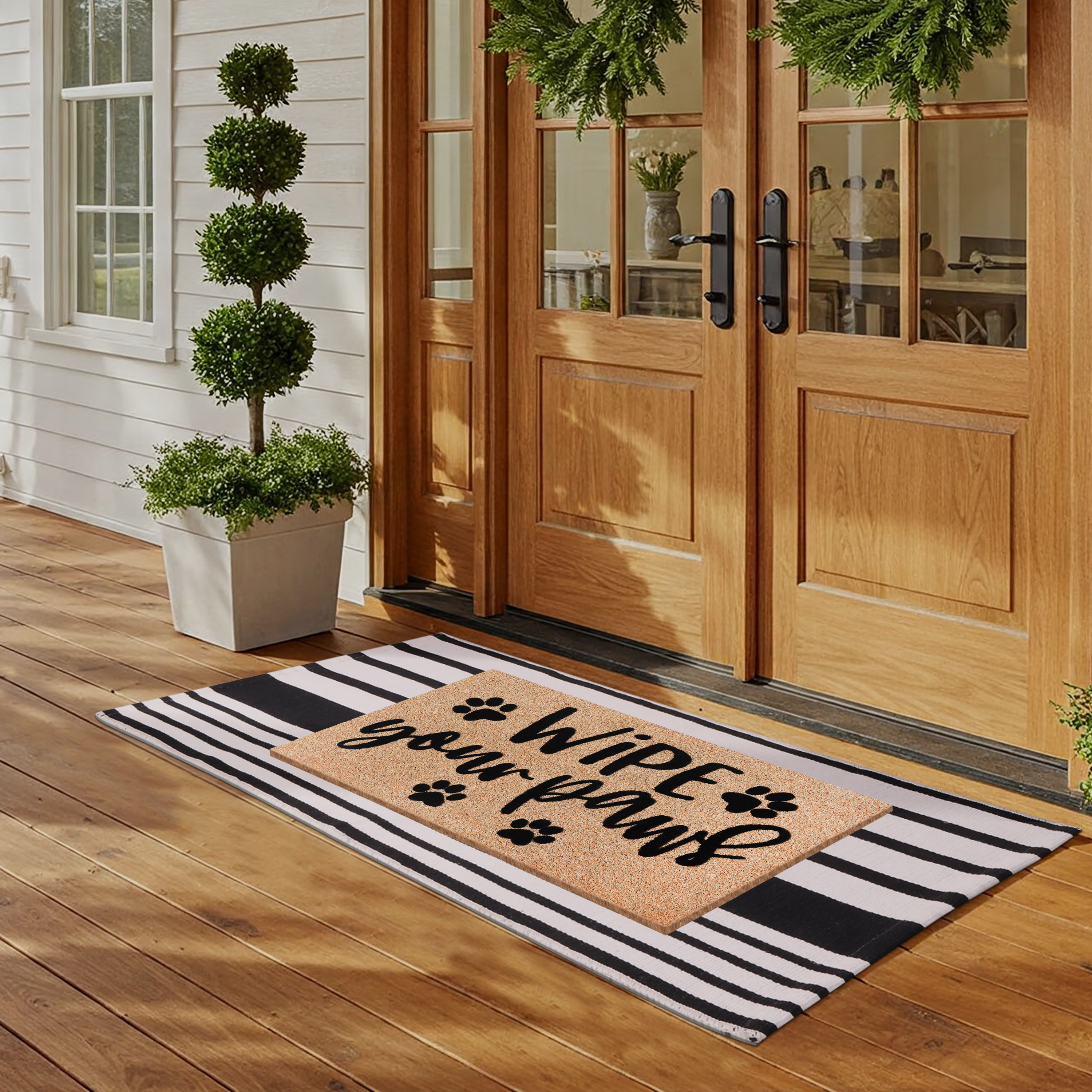 A1HC Coir Welcome Mat and Black & White Striped Cotton Rug Combo Set, 24"x36" & 24"x51", Hand-Woven Washable Entryway Décor