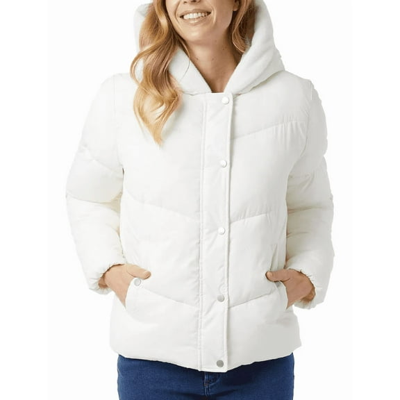 32 Degrees Women’s Quilted Jacket with Plush Lined Hood White Medium