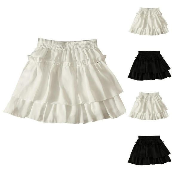 HaiMao Women's Mini Skirt Clearance High Shirred Waist Layered Ruffle Hem Short Cake Skirts White 11 Years