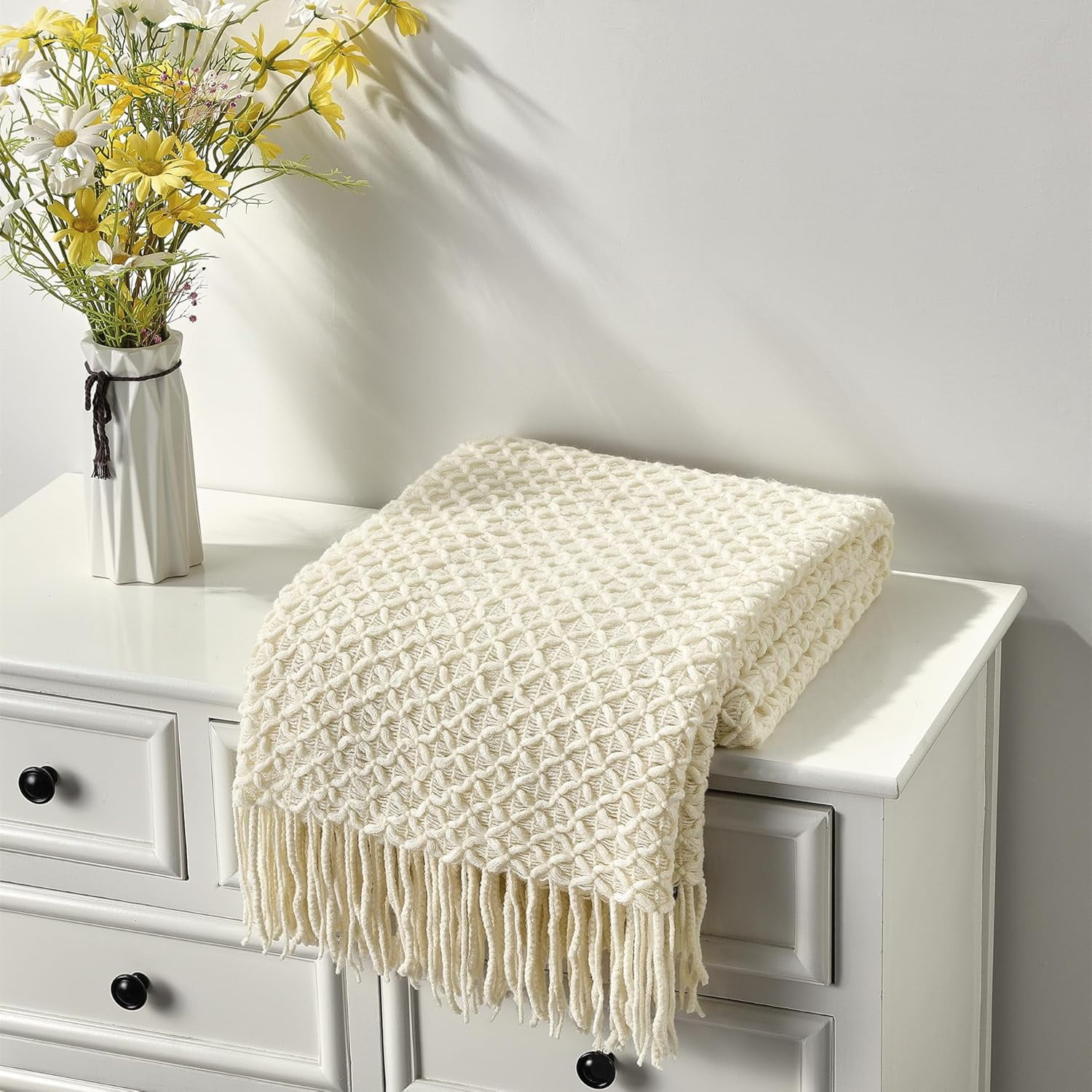 CREVENT Farmhouse Boho Knitted Throw Blanket for Couch Sofa Chair Bed Home Decoration, Soft Warm Cozy Light Weight for Spring Summer Fall (60''X80'' Beige)