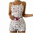 thumbnail image 4 of QUNYINEY Short Sleeve Womens Loungewear Set Floral Camisole Bow Crew Neck Sleepwear Ribbed Loose Fit Shorts 2 Piece Matching Outfits for Women, 4 of 5
