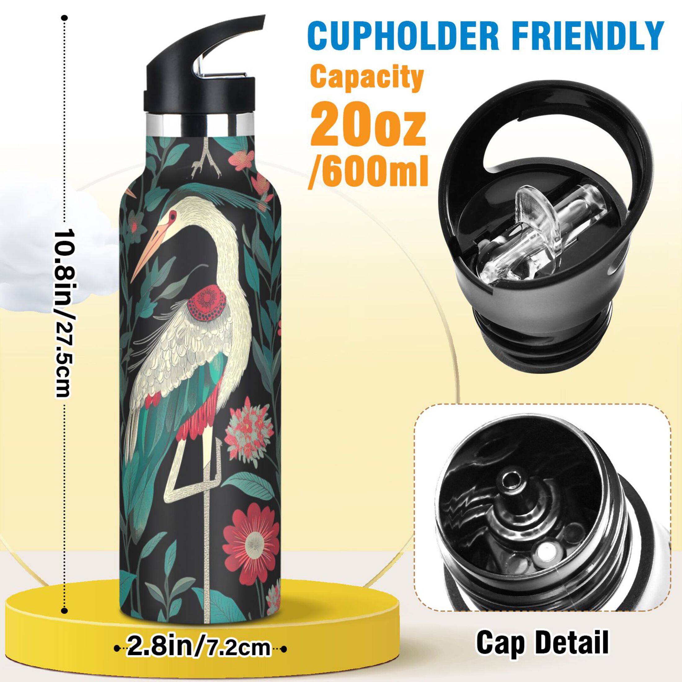 600ML Stainless Steel Insulated Cup Sports Water Bottle Portable Thermos Cup Water Glasses Insulated Tumblers Convenient and Durable Two Cranes