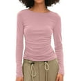thumbnail image 6 of TKLPEHG Womens Tops Long Sleeve Crew Neck Pleated Slim Tops Classic Solid Color Lightweight Fashion Loose Casual Blouse (Pink,L), 6 of 7