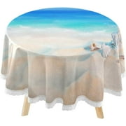 SKYSONIC Summer White Beach Round Tablecloth 60inch Indoor Wrinkle Free, Seashell Starfish Circular Lace Table Cover Washable for Kitchen Party BBQ Dining Decor