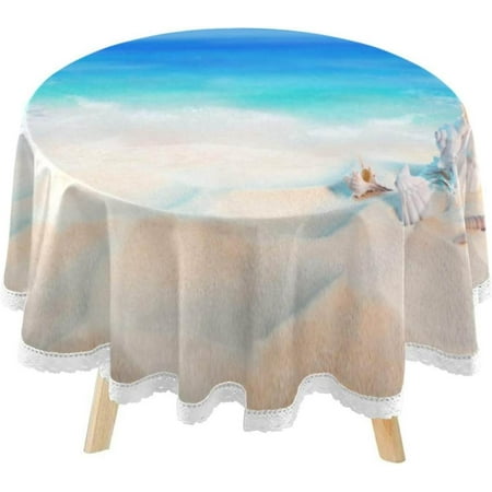 SKYSONIC Summer White Beach Round Tablecloth 60inch Indoor Wrinkle Free, Seashell Starfish Circular Lace Table Cover Washable for Kitchen Party BBQ Dining Decor
