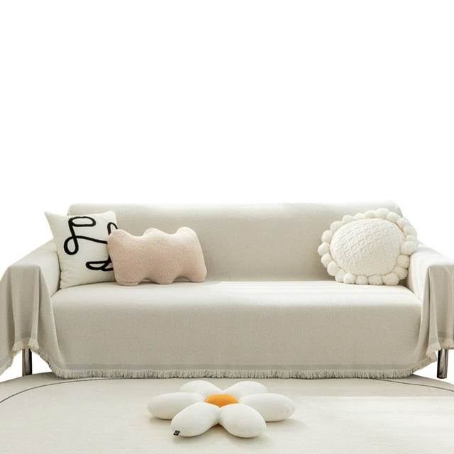 Chenille Sofa Covers Thickened BreathableSolid Color Couch Cover Blanket With Boho Fringe