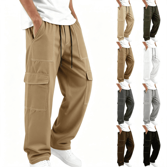 TKKCS Mens Wide Leg Cargo Pants Workwear Contrast Stitch Elastic Drawstring Waist Loose Fit Outdoor Casual Pants with Multi Pockets Khaki XL