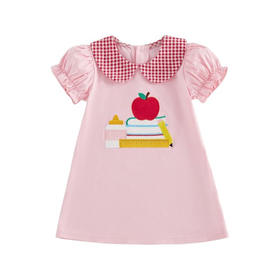 BemeyourBBs Toddler Baby Girl Back to School Dress Outfit Little Girl Pre Kindergarten Dress Outfit Apple Book Pencil Embroidered Short Sleeve Doll Collar A-line Dress Spring Summer Fall Clothes
