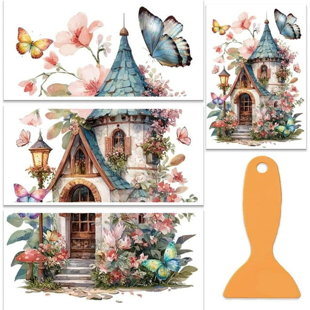 Juego de 3 láminas de calcomanías para manualidades, 30x15 cm (12x6 pulgadas), PVC, reutilizables e impermeables. Diseño floral con espátula.