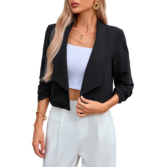 Women's Open-Front Cropped Blazer with Ruched Sleeves
