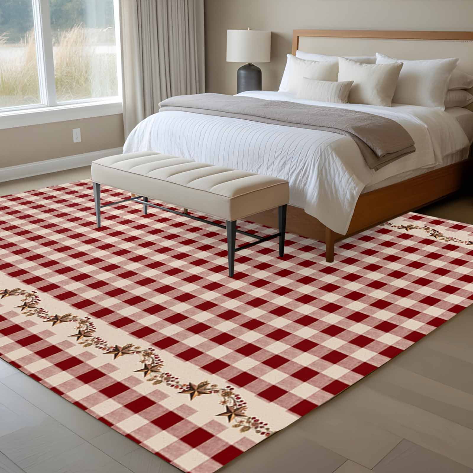 Large Area Rugs for Living Room Bedroom, Western Texas Star Retro 6'x9' Rug Washable Carpet Runner Indoor Outdoor, Country Vintage Red Beige Plaid Non Slip Floor Mats Rug for Kitchen, Playroom